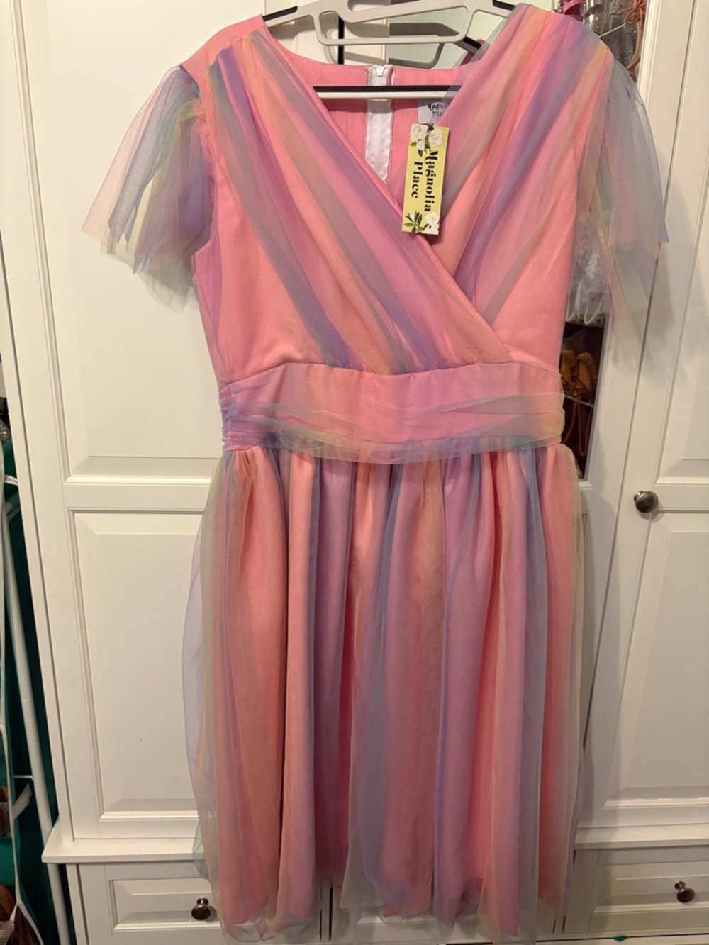 Pastel Pink Rainbow Tulle Wrap-Front Formal Dress
